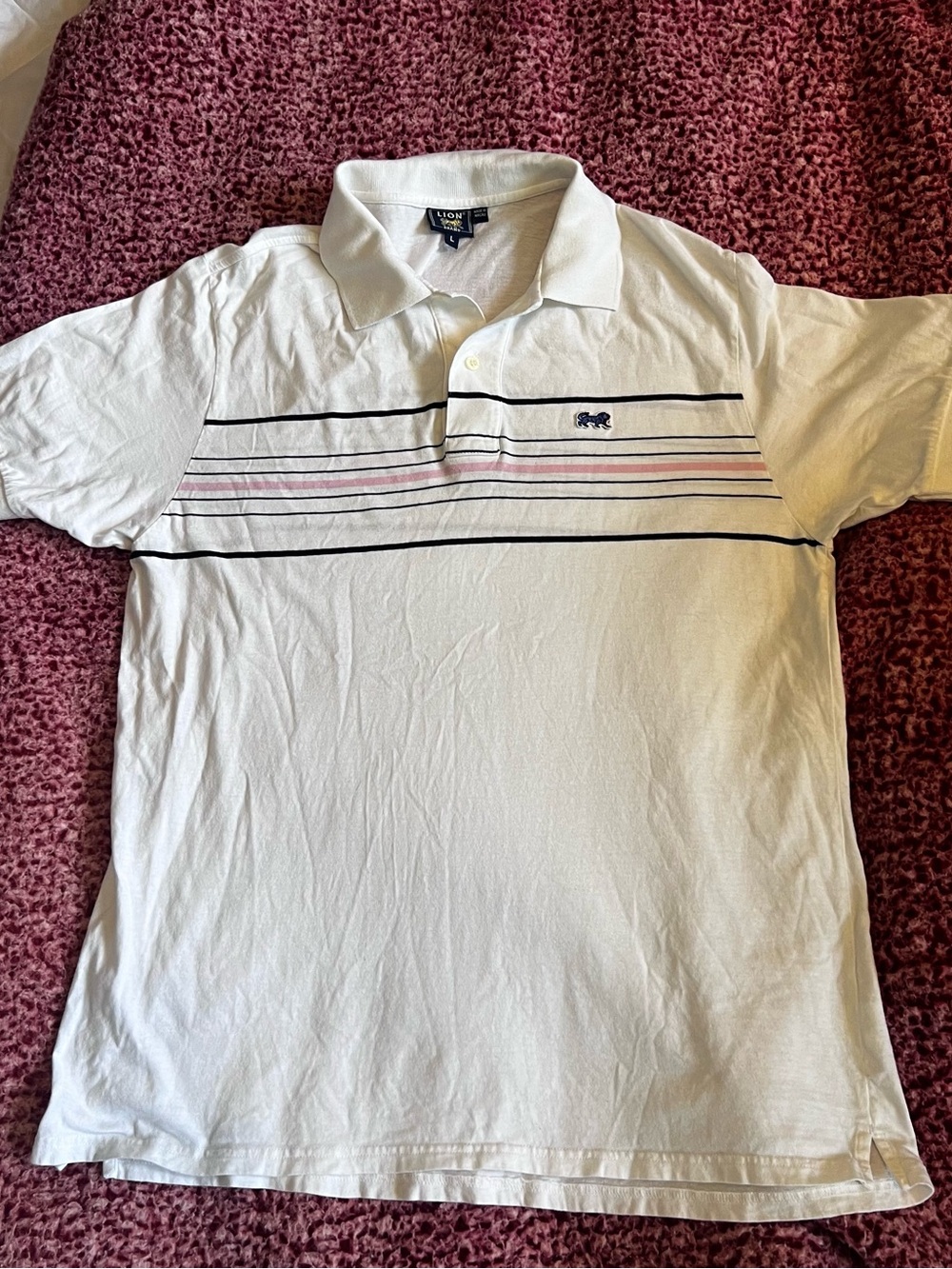 Lion Brand White Polo with Navy and Light Pink Stripes
